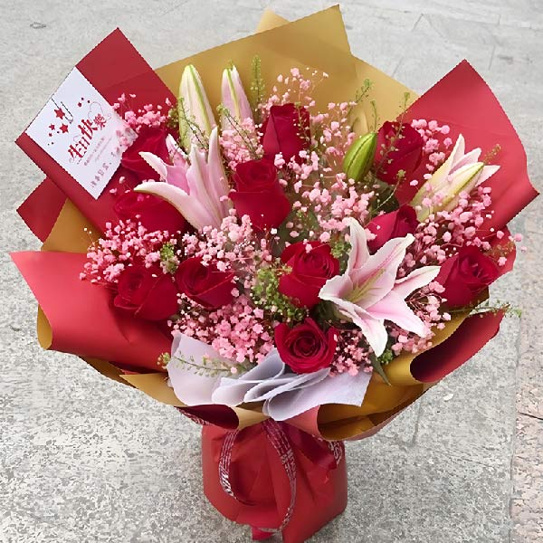 11朵红玫瑰,2支粉色多头百合,对你感情专一(实拍照)