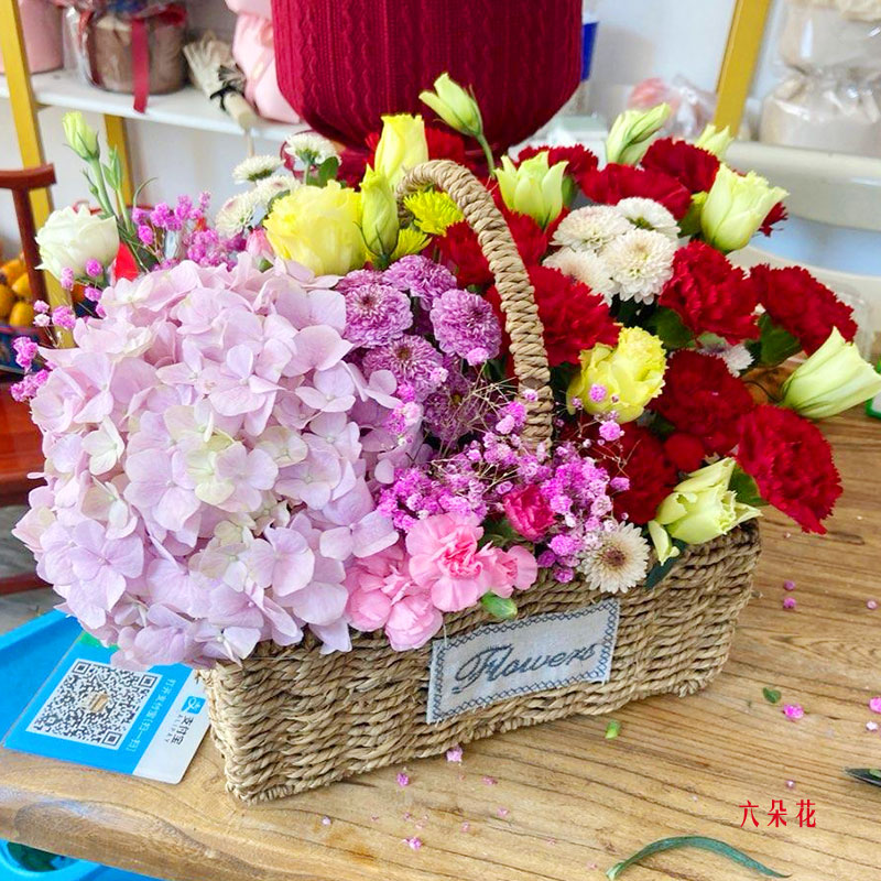 16朵康乃馨2只粉色绣球花篮,愿你健康常在(实拍照)