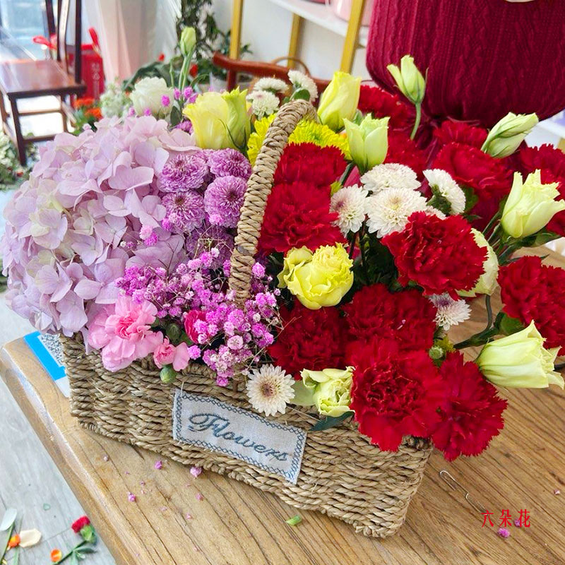 16朵康乃馨2只粉色绣球花篮,愿你健康常在(实拍照)