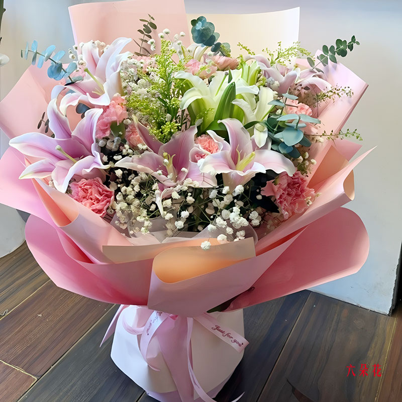 8朵康乃馨5支百合,增添智慧福气(实拍照)