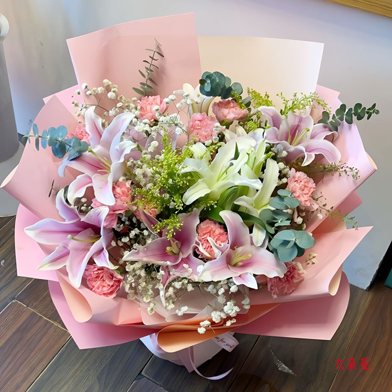 8朵康乃馨5支百合,增添智慧福气(实拍照)