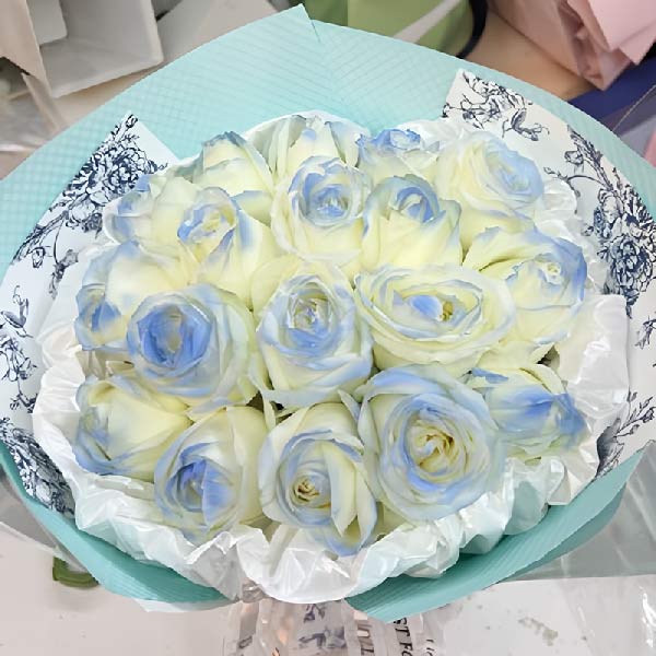 18朵碎冰蓝白玫瑰,爱是时光温柔(实拍照)