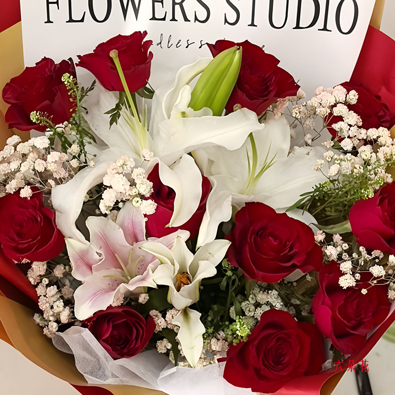 11朵红玫瑰,2支粉色多头百合,对你感情专一(实拍照)