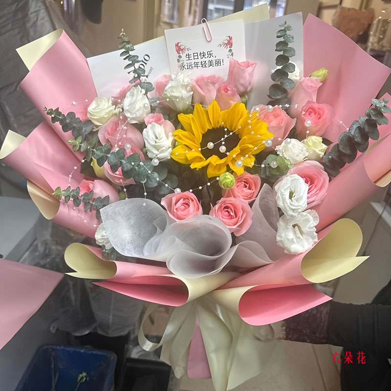8朵粉玫瑰1朵向日葵,有您悉心教导(实拍照)
