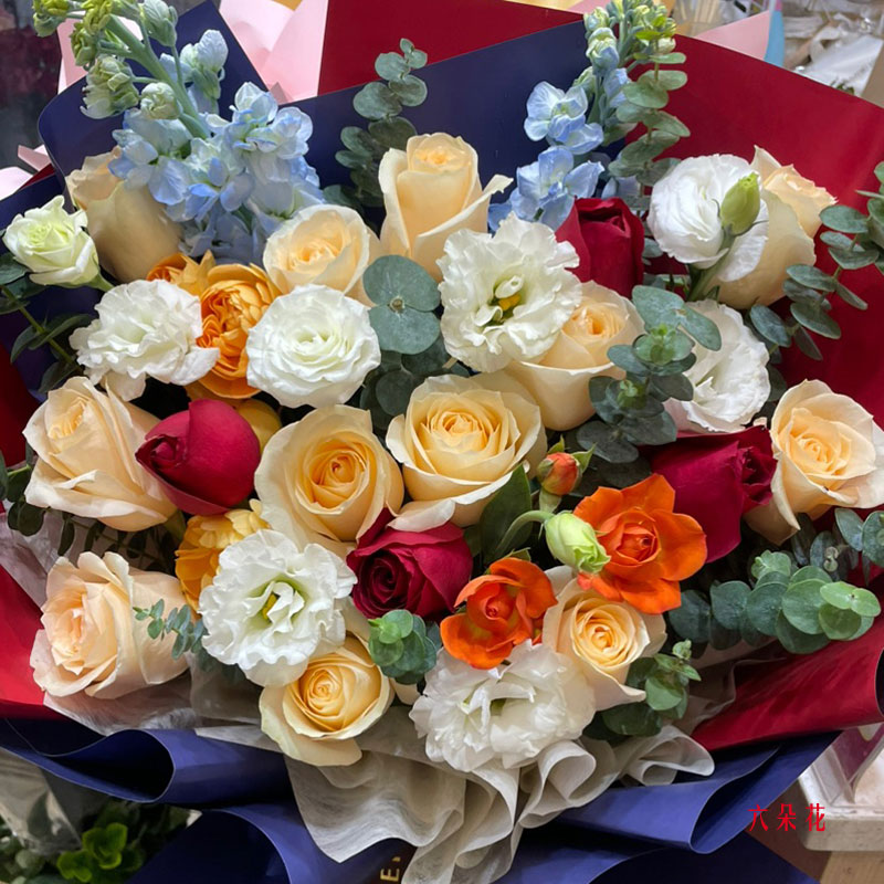 16朵玫瑰混搭紫罗兰,充满爱和温暖(实拍照)