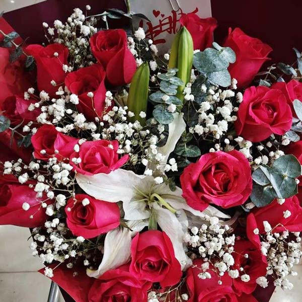 19朵红玫瑰1支百合,爱如炽热火焰(实拍照)