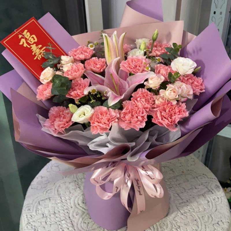 16朵粉色康乃馨1支百合,每天鲜花相伴(实拍照)