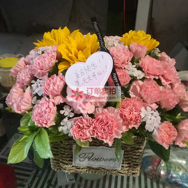 33朵粉色康乃馨，3朵向日葵,愿你开心每天（实拍照）