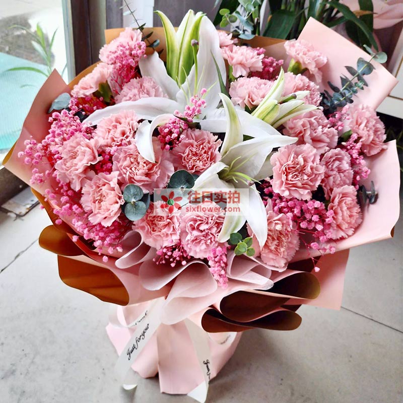 21朵粉色康乃馨百合，平安幸福陪伴