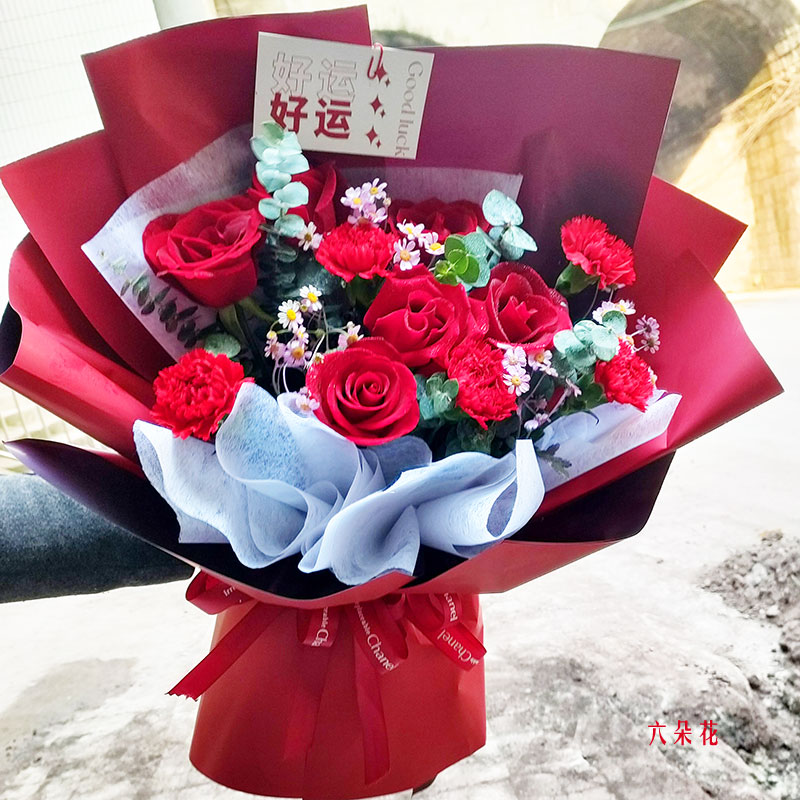 红玫瑰+红色康乃馨，充满欢笑和幸福