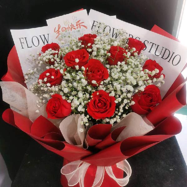 11朵红玫瑰满天星丰满,你美丽且迷人(实拍照)