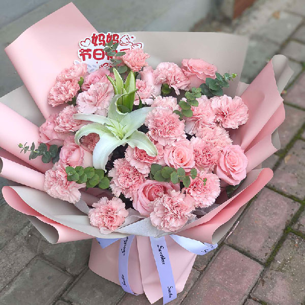 20朵粉色康乃馨玫瑰百合,永远健康快乐(实拍照)